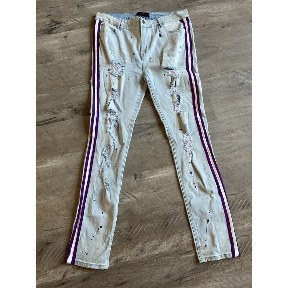 DNA Denim Skinny Distressed Jeans 38 Biker Grunge Moto Purple and White Stripe